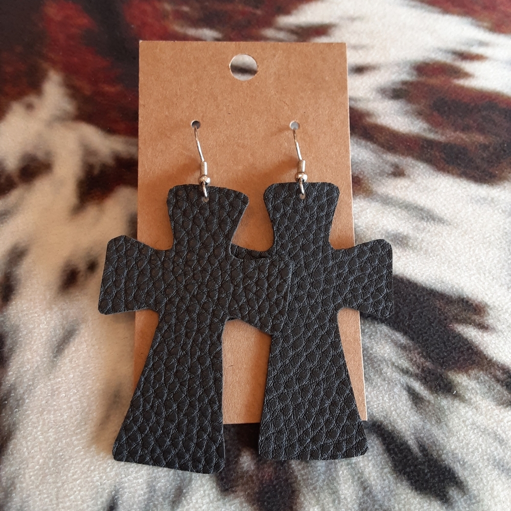Black Faux Leather Cross Earrings